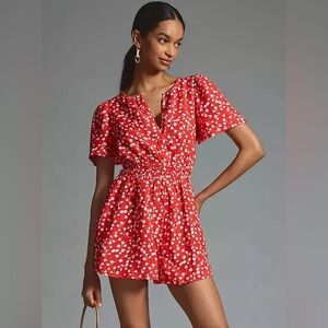 Anthropologie Somerset Linen Romper Red Botanical Shorts V Neck Size